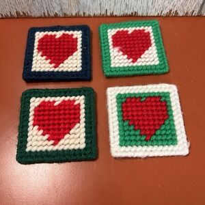 VTG yarn+plastic canvas handmade/stitched 4 red heart + magnet MCM refrigerator
